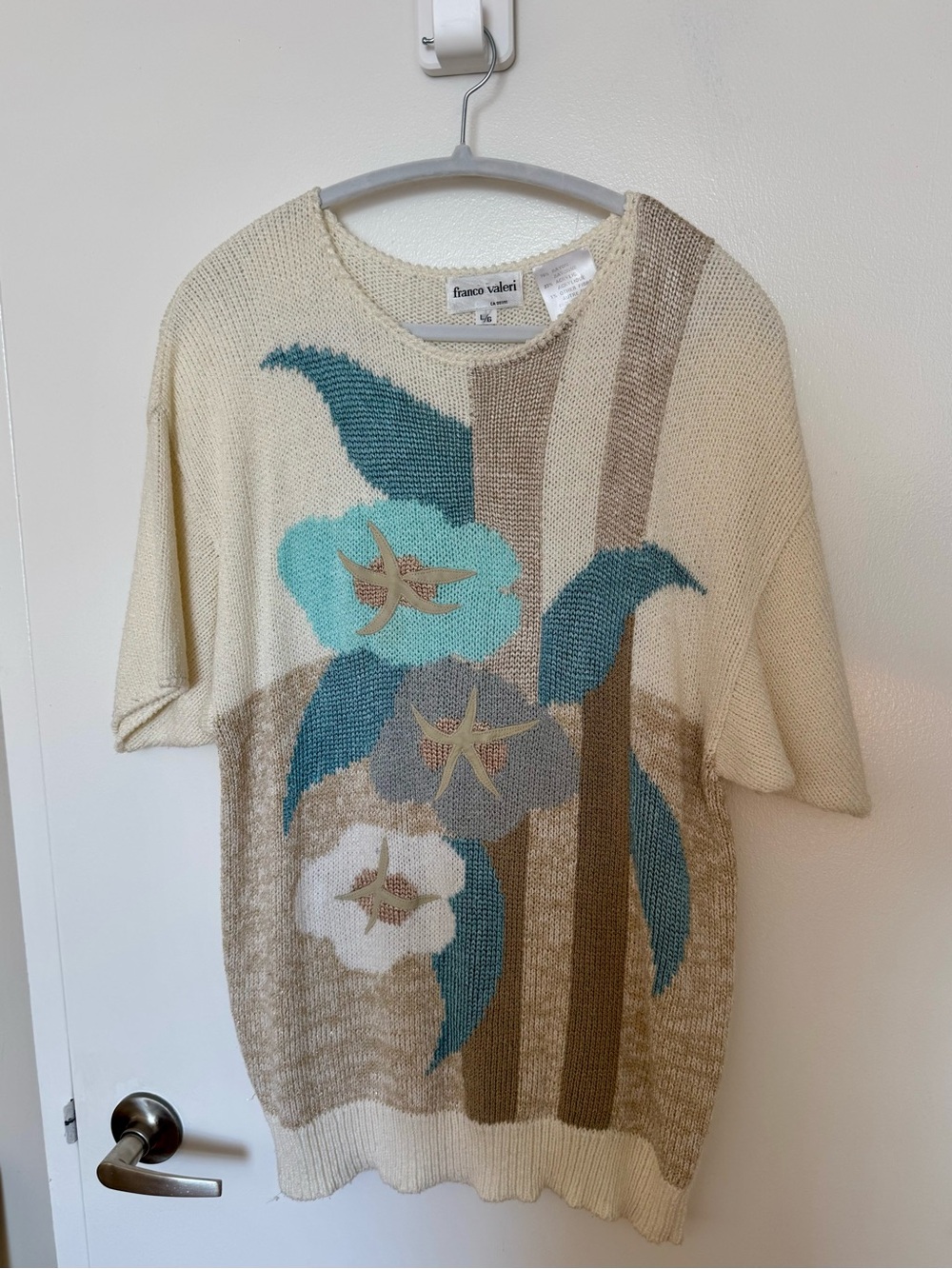 Vintage Franco Valeri Floral Appliqué Short Sleeve Knit Sweater L